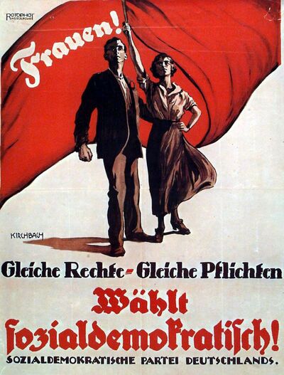 „Gleiche Rechte – Gleiche Pflichten“: SPD-Plakat 1919 mit Bezug auf das neue Frauenwahlrecht (wikipedia.org)